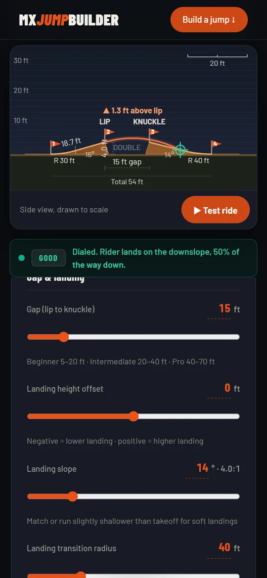 MX Jump Builder on a phone: the drawing and verdict stay pinned while the gap and landing sliders scroll beneath them.